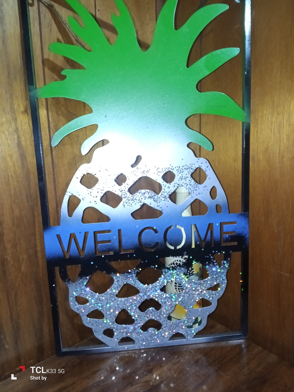 Green and Silver Pineapple Welcome Wall Decor